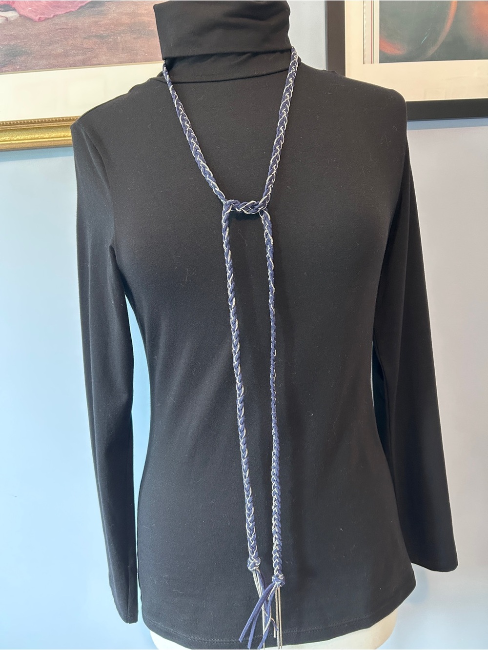 Braided Navy Blue Long Lariat Necklace